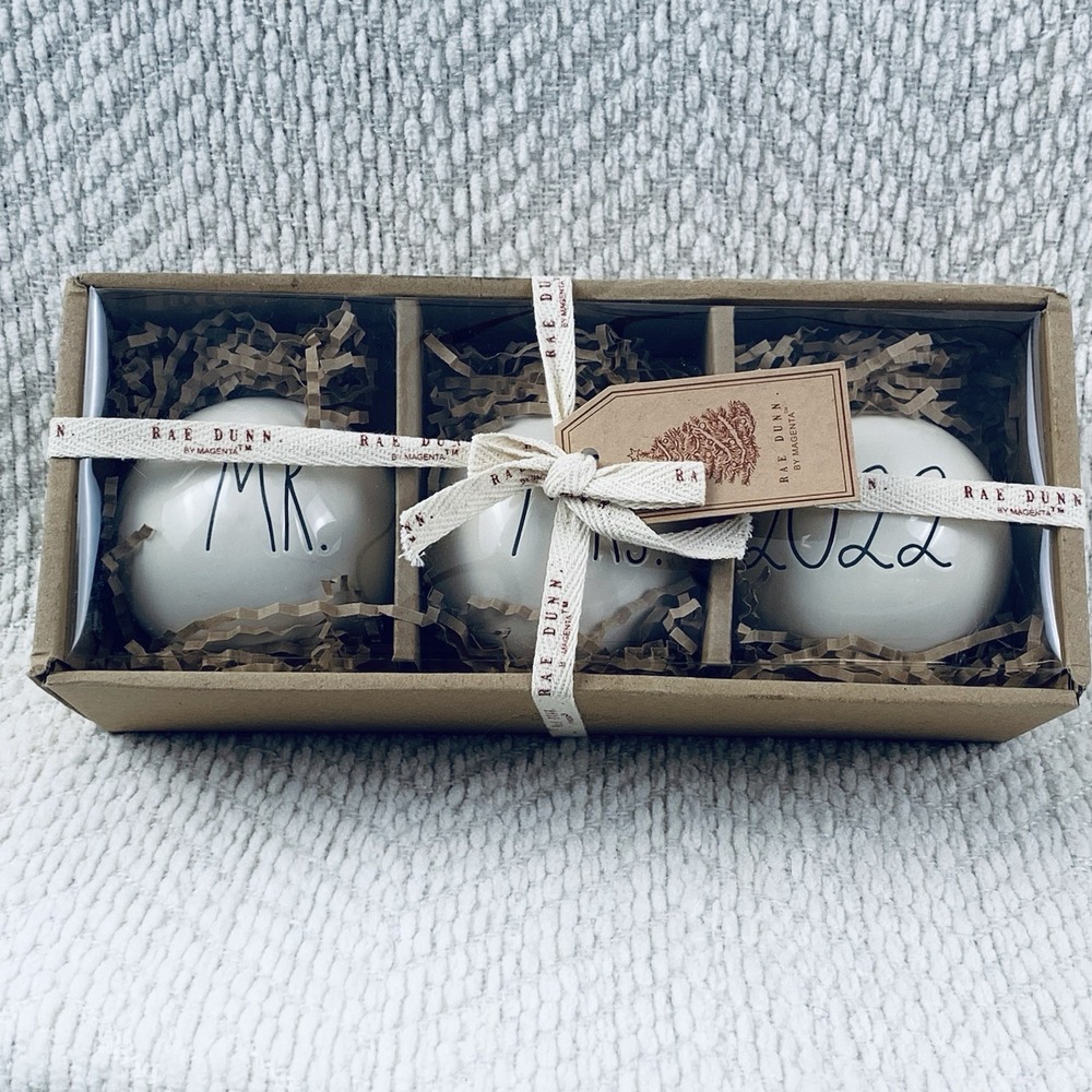 Rae Dunn‎ by Magenta Mr & Mrs 2022 Ceramic Christmas Balls Ornament set of 3 NEW